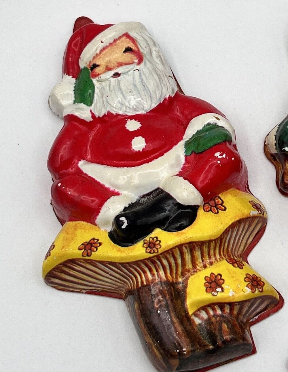 Large Vintage Celluloid Santa Sitting on Mushroom Christmas Ornament 5" RARE 70s